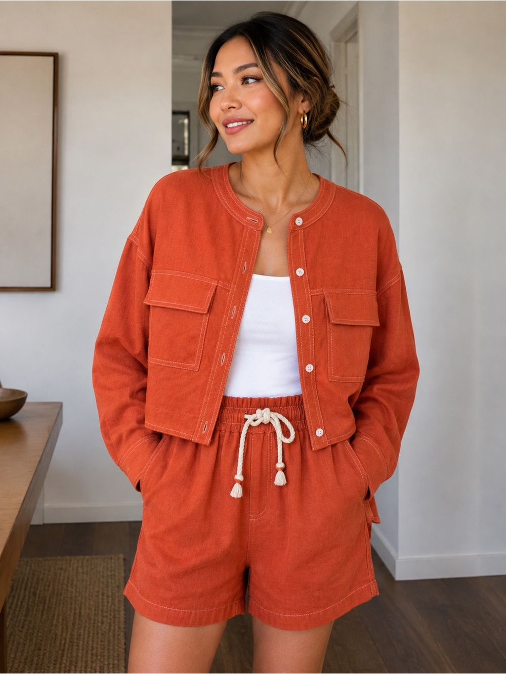 Needii Button Cardigan Jacket Top Drawstring Shorts Set Small Terracotta Orange